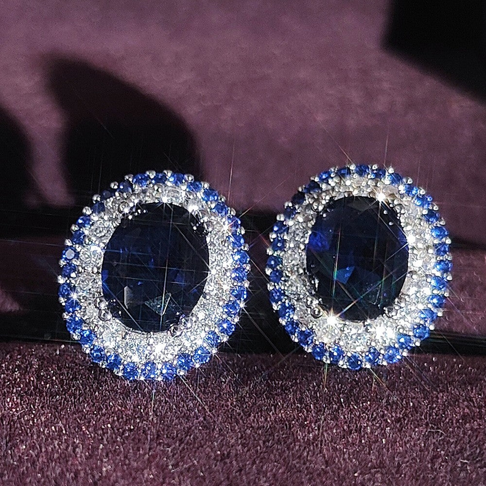Classy Royal Blue Oval Halo Stud Earrings