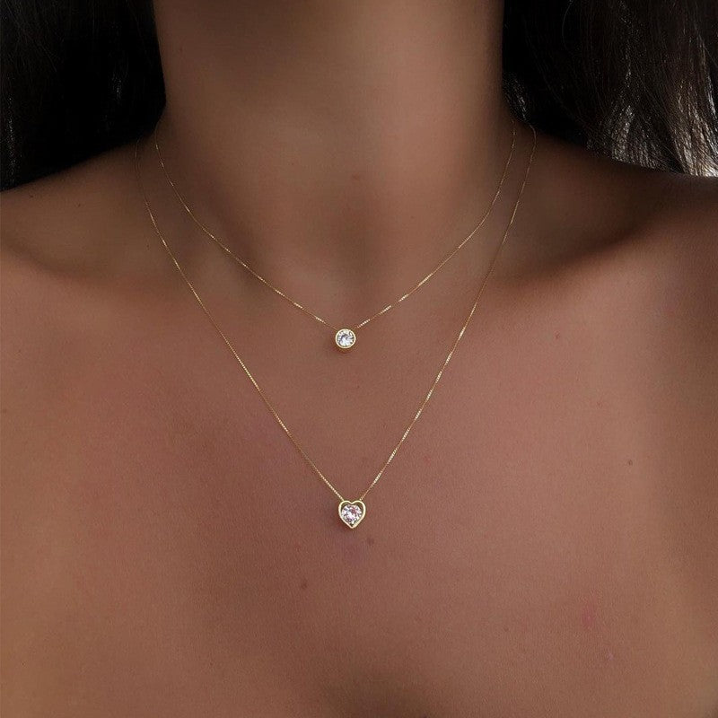 Dainty Layered Heart & Solitaire Necklace