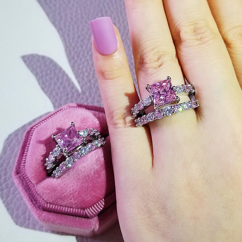 Romantic Pink Geometric Zirconia Ring Set