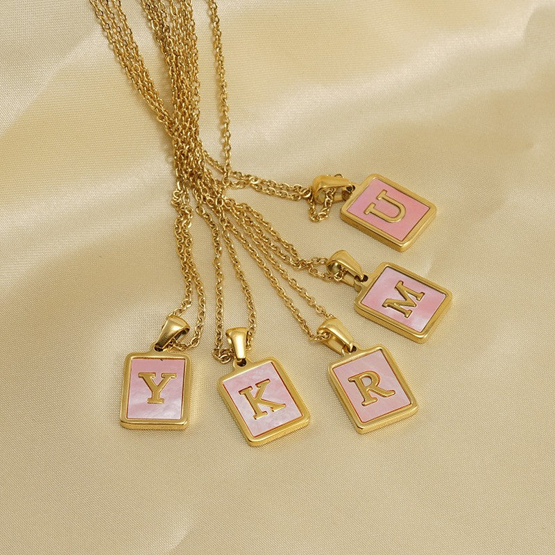 18k Dainty Pink Shell Square Initial Necklace