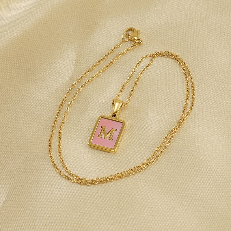 18k Dainty Pink Shell Square Initial Necklace