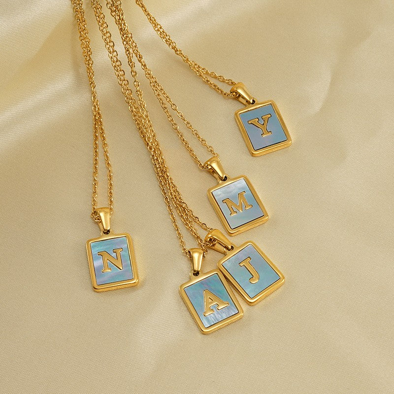 18k Dainty Pink Shell Square Initial Necklace