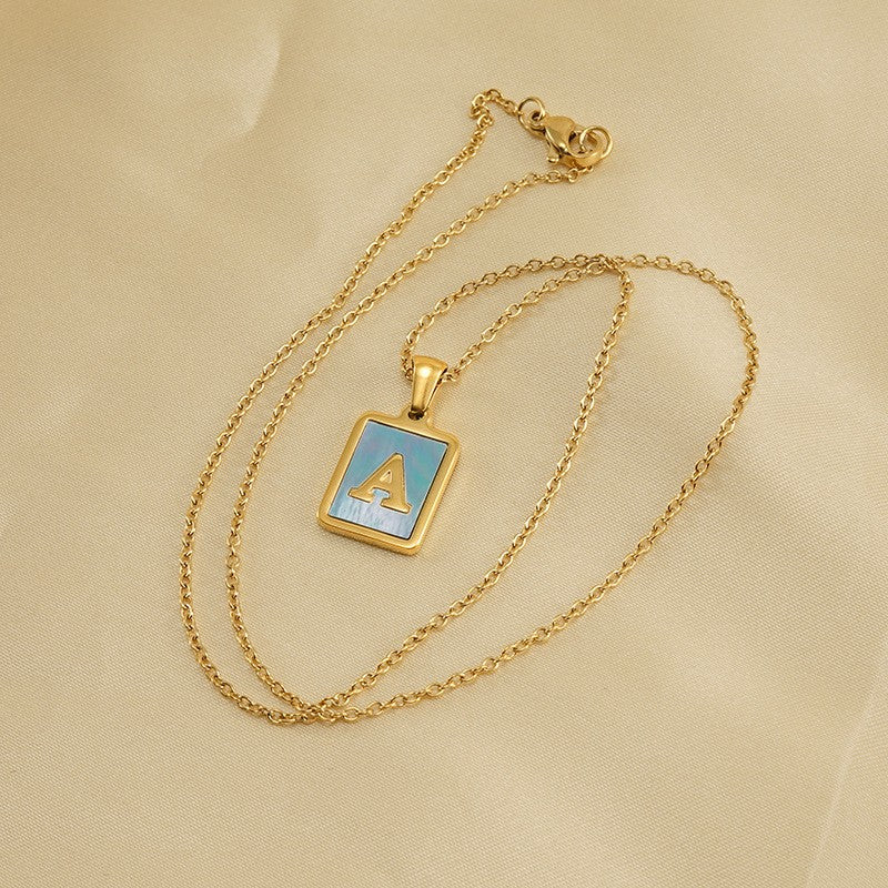 18k Dainty Pink Shell Square Initial Necklace