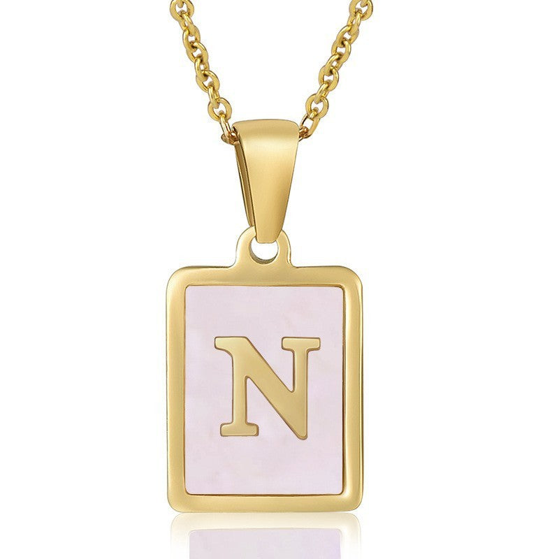 18k Dainty Pink Shell Square Initial Necklace