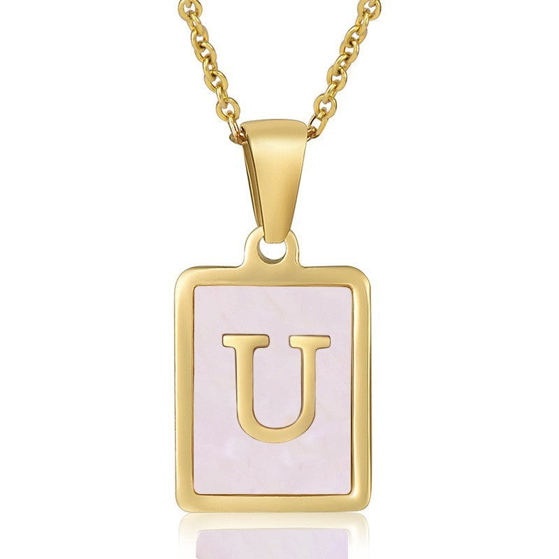 18k Dainty Pink Shell Square Initial Necklace