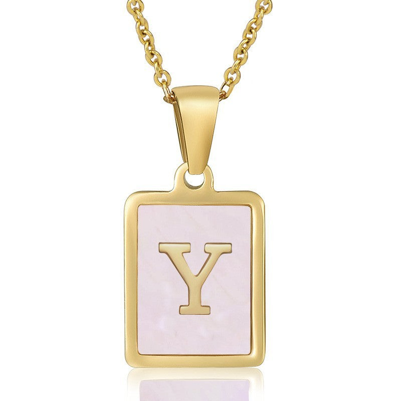 18k Dainty Pink Shell Square Initial Necklace