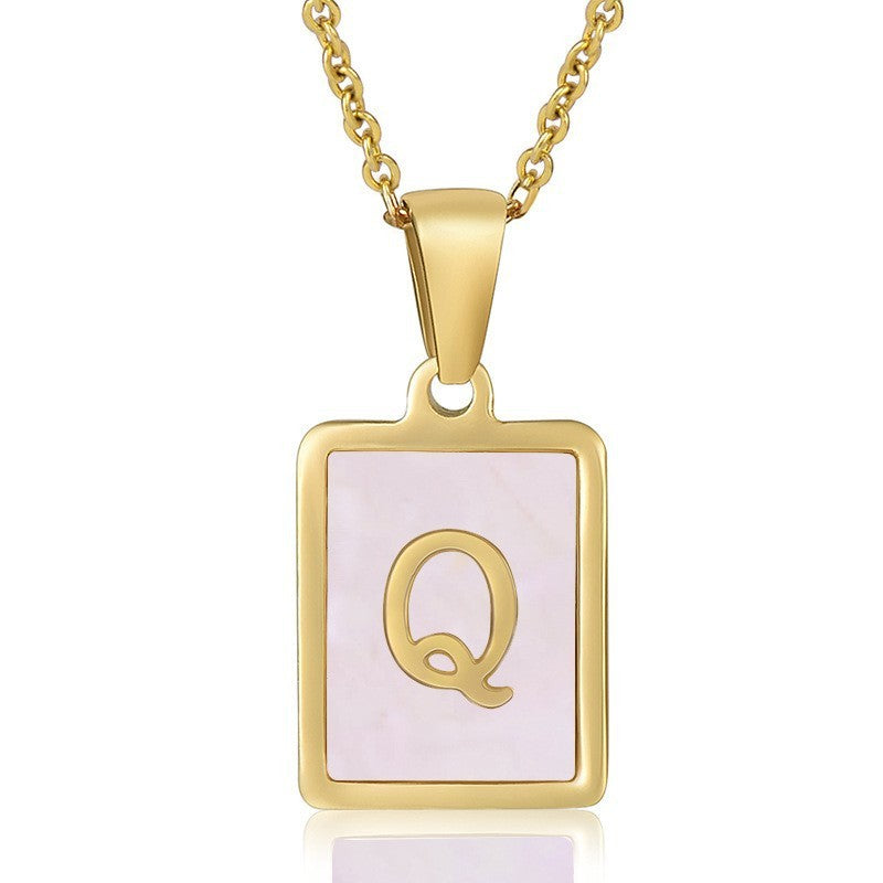 18k Dainty Pink Shell Square Initial Necklace