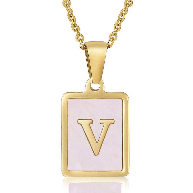 18k Dainty Pink Shell Square Initial Necklace