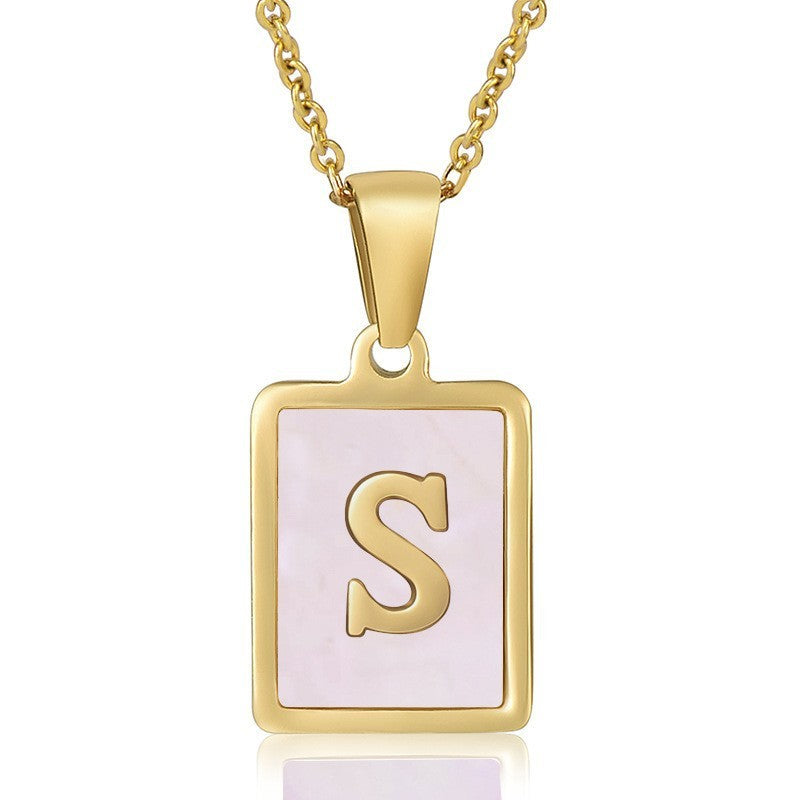 18k Dainty Pink Shell Square Initial Necklace