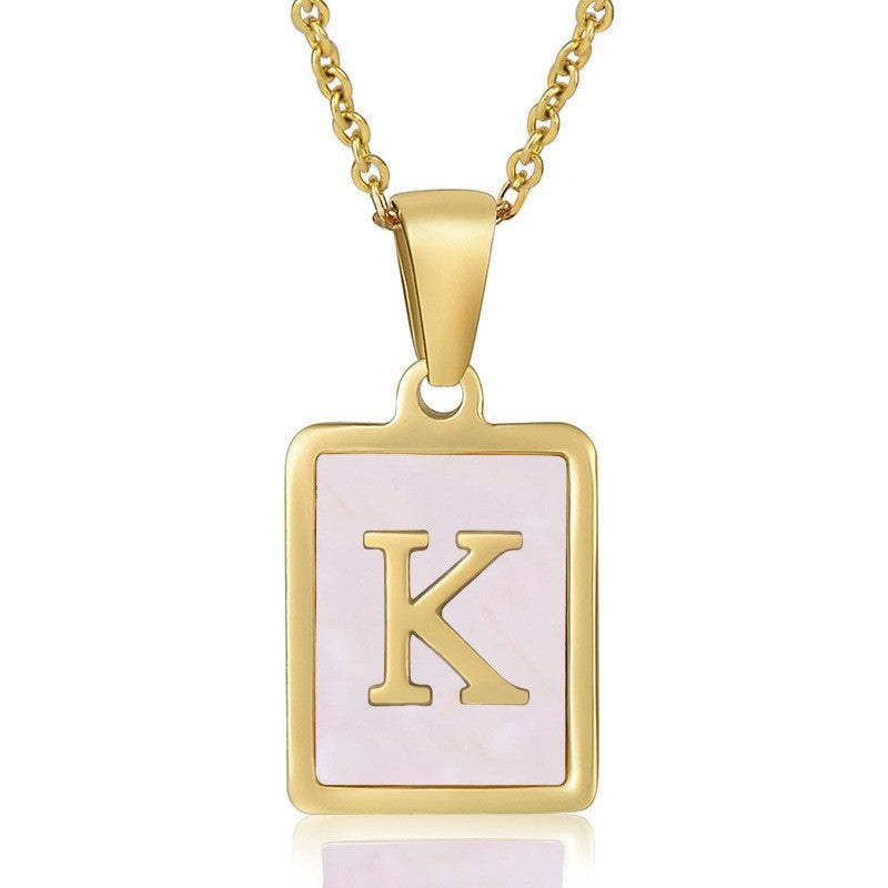 18k Dainty Pink Shell Square Initial Necklace
