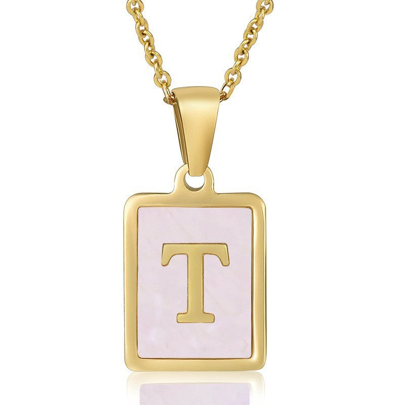 18k Dainty Pink Shell Square Initial Necklace