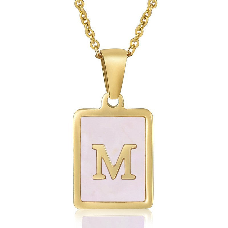 18k Dainty Pink Shell Square Initial Necklace