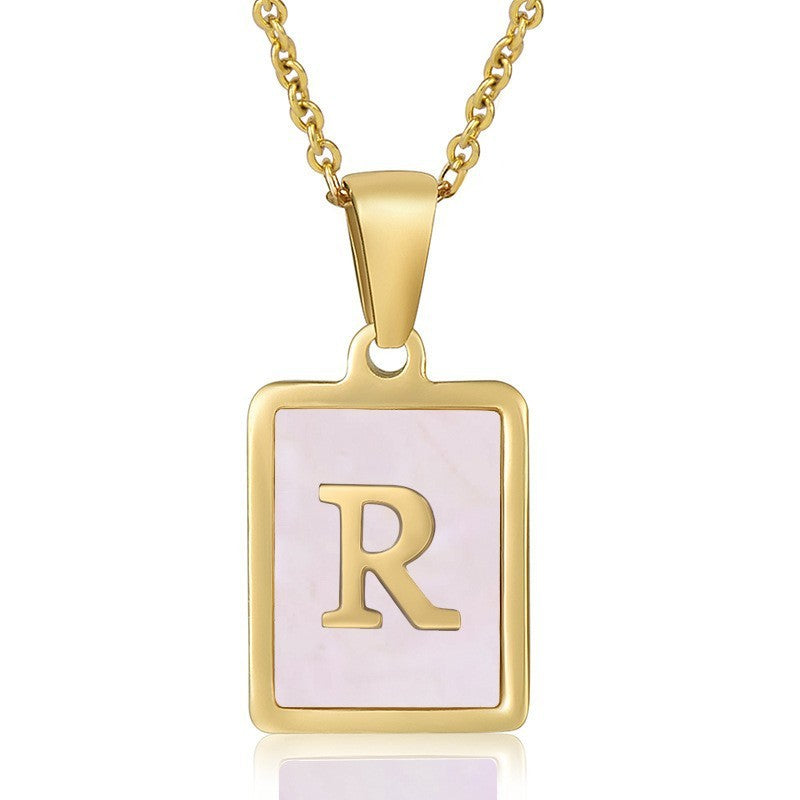 18k Dainty Pink Shell Square Initial Necklace