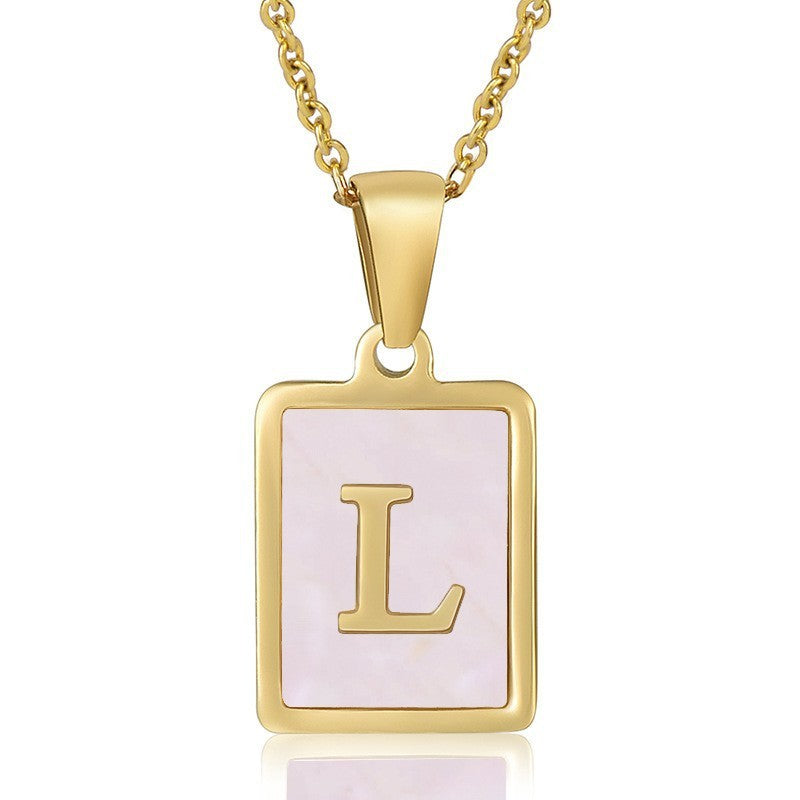 18k Dainty Pink Shell Square Initial Necklace