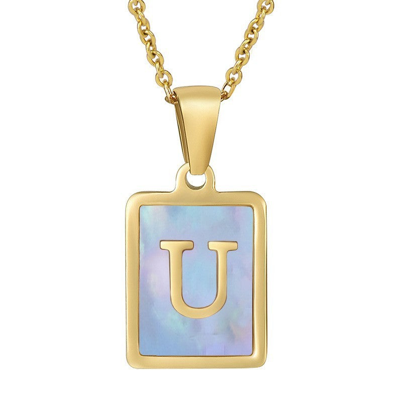 18k Dainty Pink Shell Square Initial Necklace