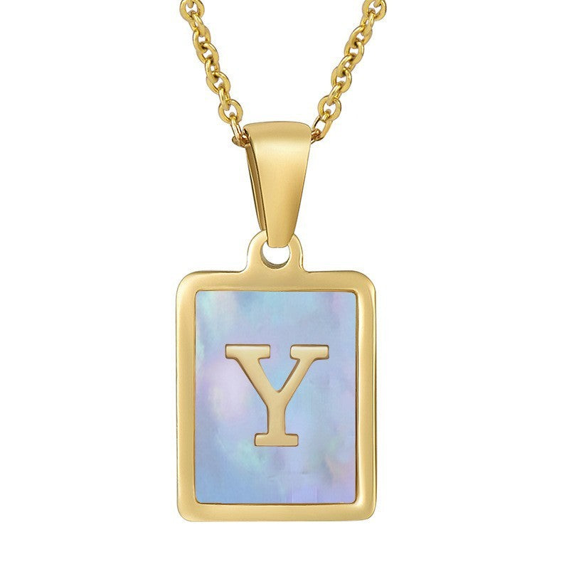 18k Dainty Pink Shell Square Initial Necklace