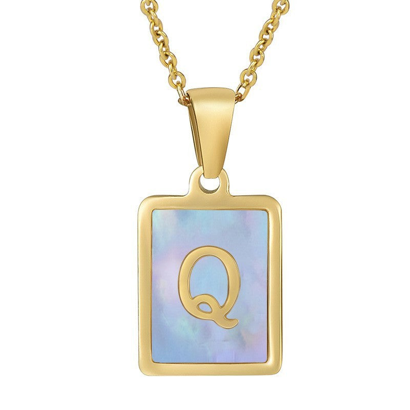 18k Dainty Pink Shell Square Initial Necklace