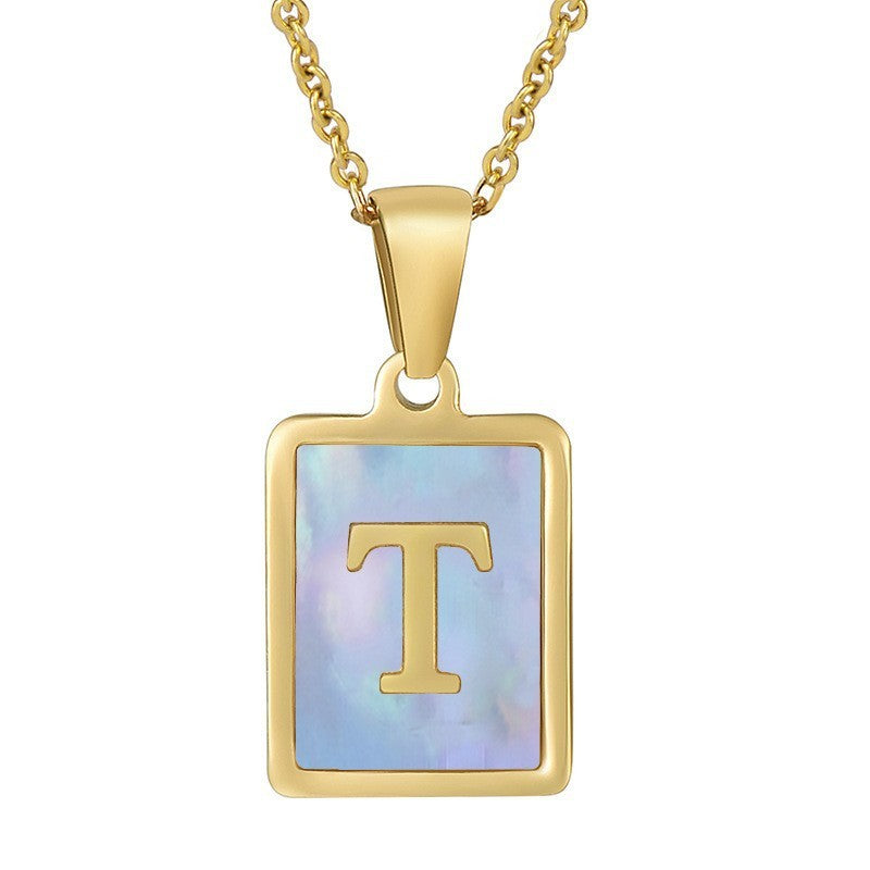 18k Dainty Pink Shell Square Initial Necklace