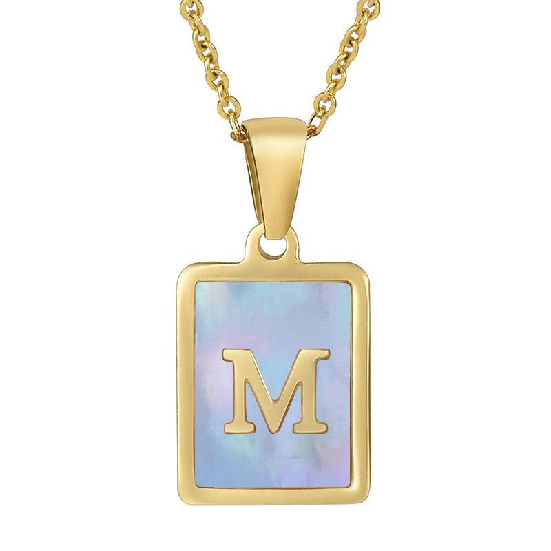 18k Dainty Pink Shell Square Initial Necklace