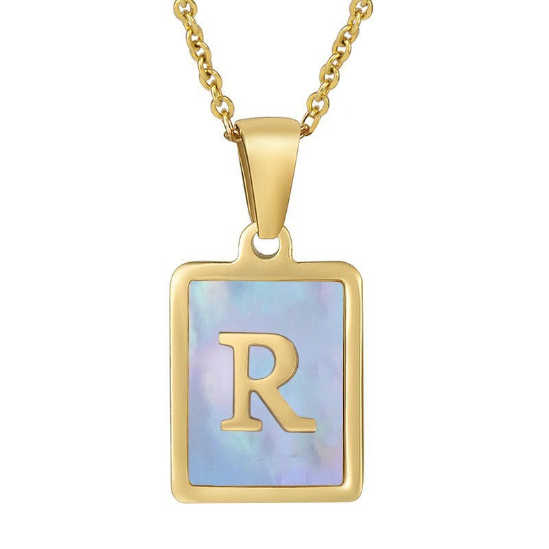 18k Dainty Pink Shell Square Initial Necklace