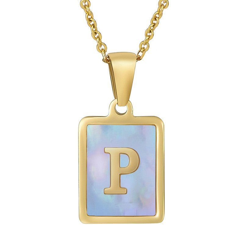18k Dainty Pink Shell Square Initial Necklace
