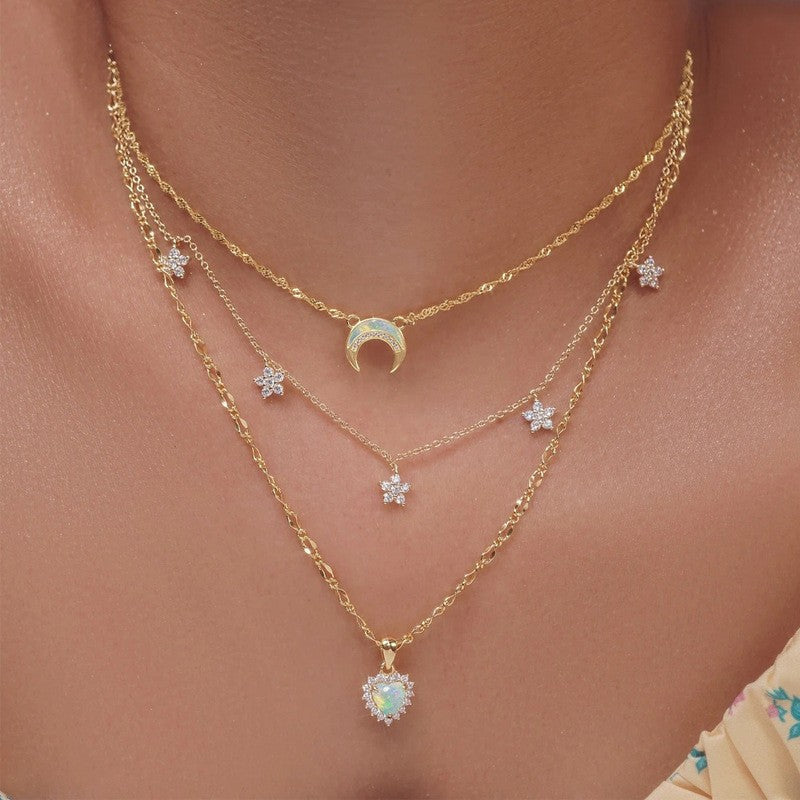 Dainty Opal Moon and Heart Layered Necklace
