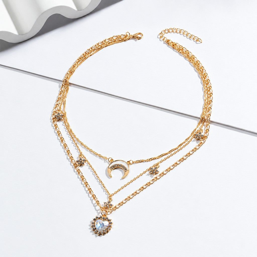 Dainty Opal Moon and Heart Layered Necklace
