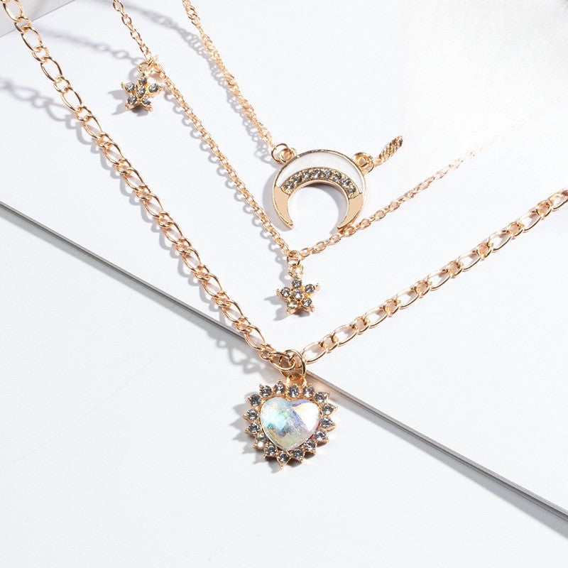 Dainty Opal Moon and Heart Layered Necklace