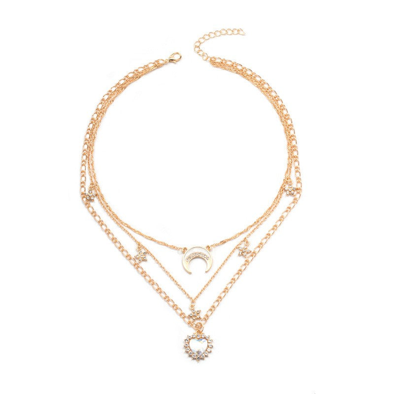 Dainty Opal Moon and Heart Layered Necklace