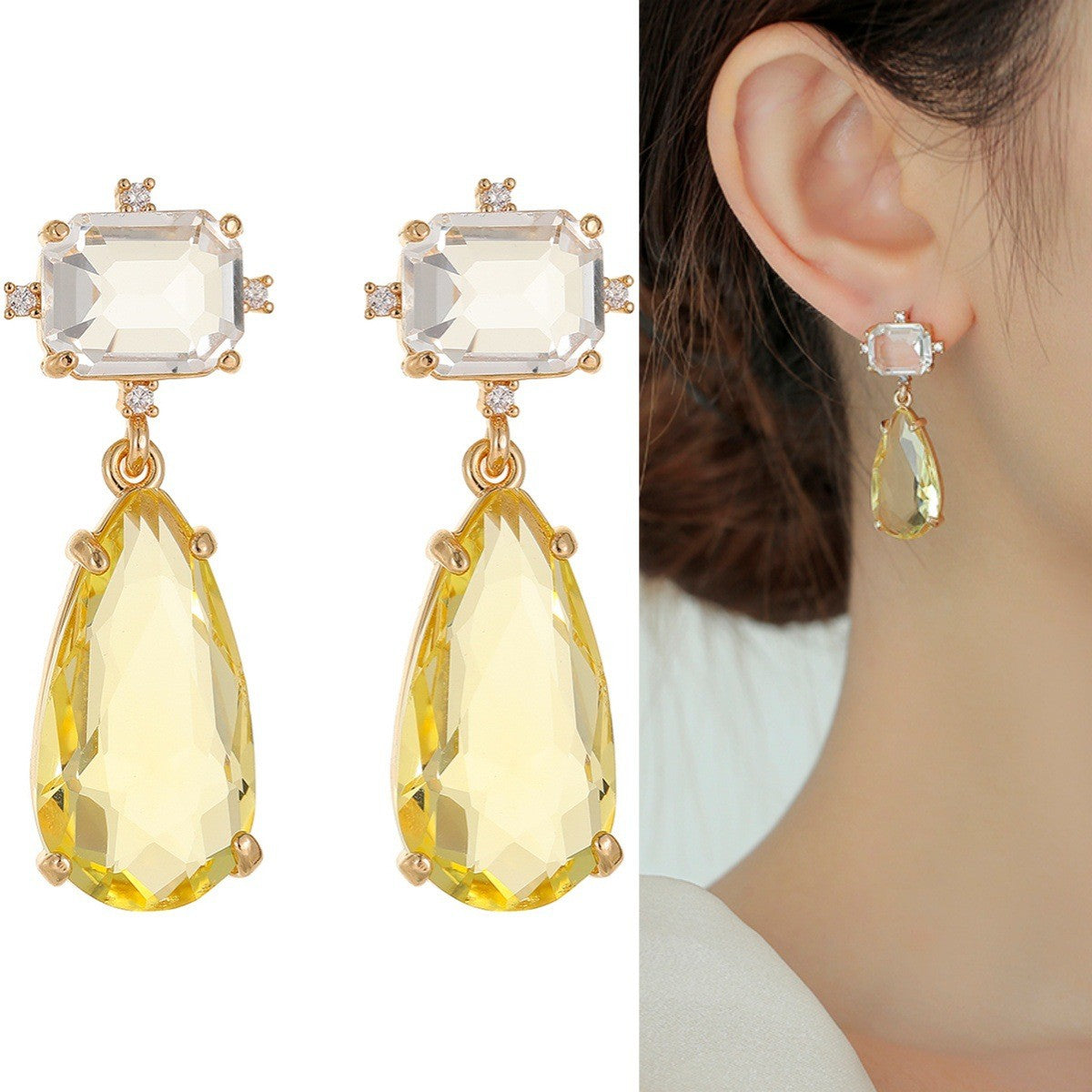 Classy Yellow Teardrop Crystal Dangle Earrings