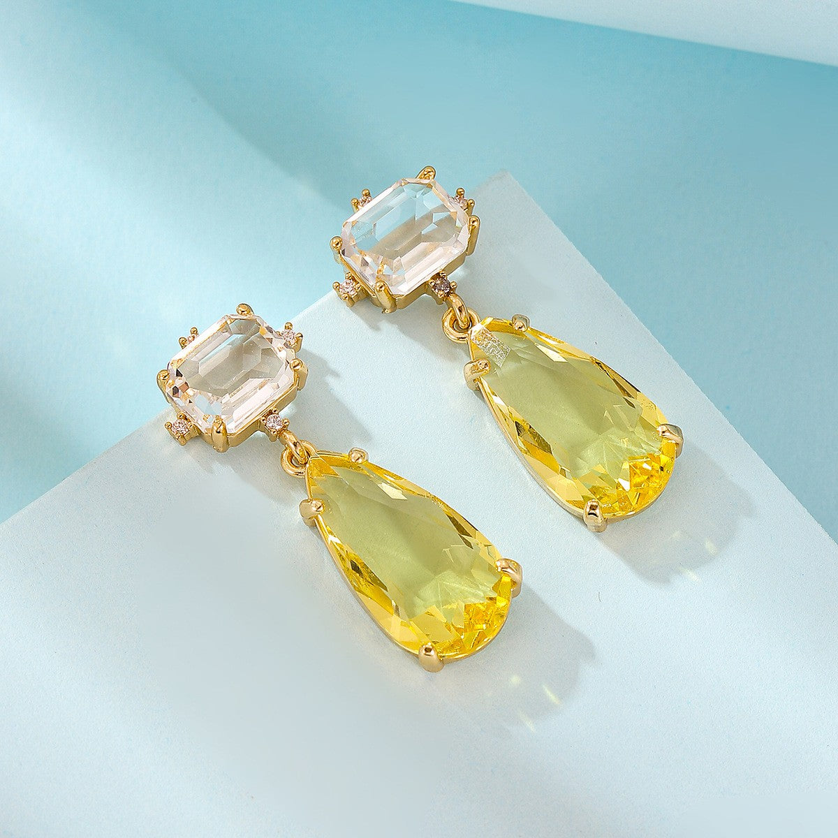 Classy Yellow Teardrop Crystal Dangle Earrings