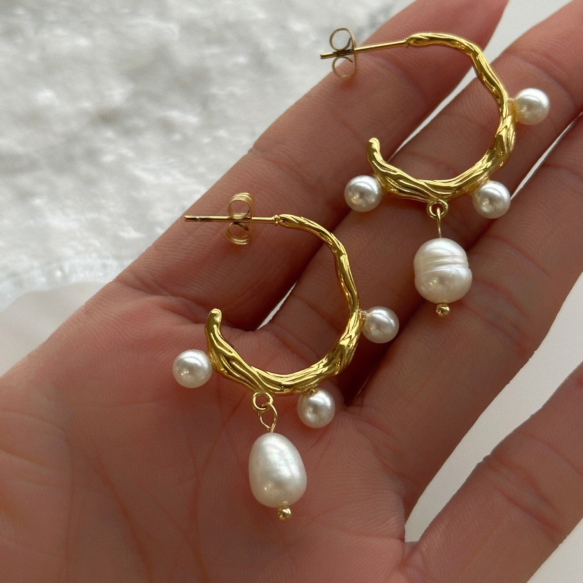 18k Romantic Branch Pearl Hoop Earrings