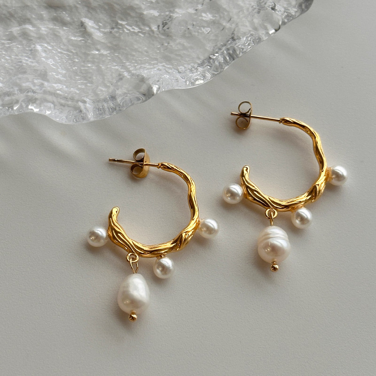 18k Romantic Branch Pearl Hoop Earrings