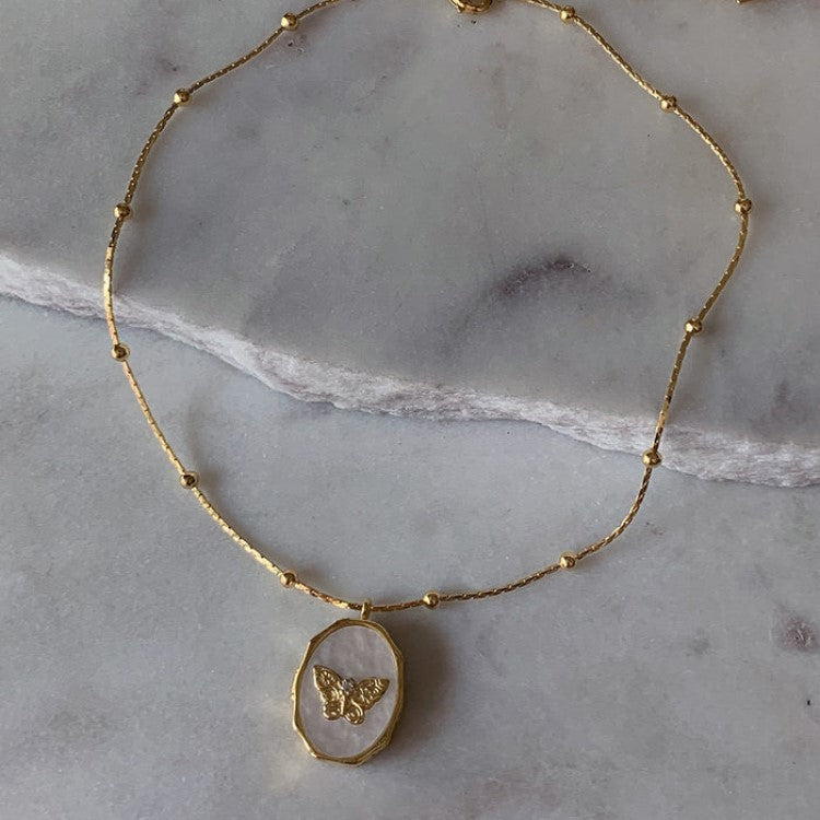 Dainty Butterfly Mother of Pearl Locket Necklace