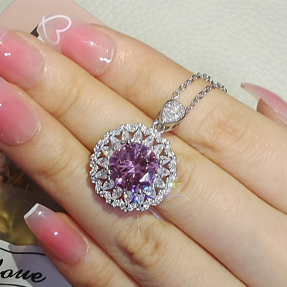 Romantic Pink Zircon Halo Pendant Necklace