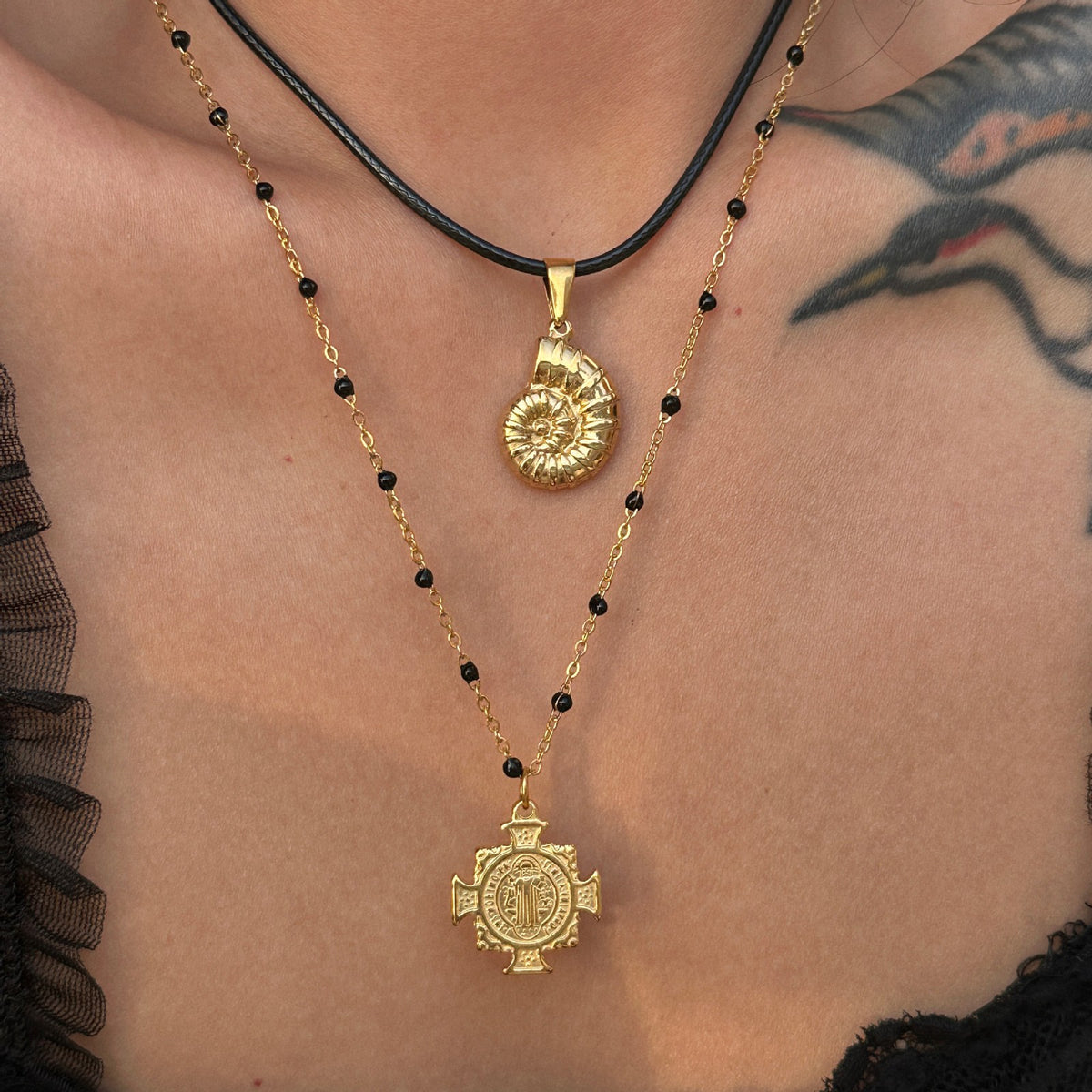 Vintage Black Bead Cross Necklace