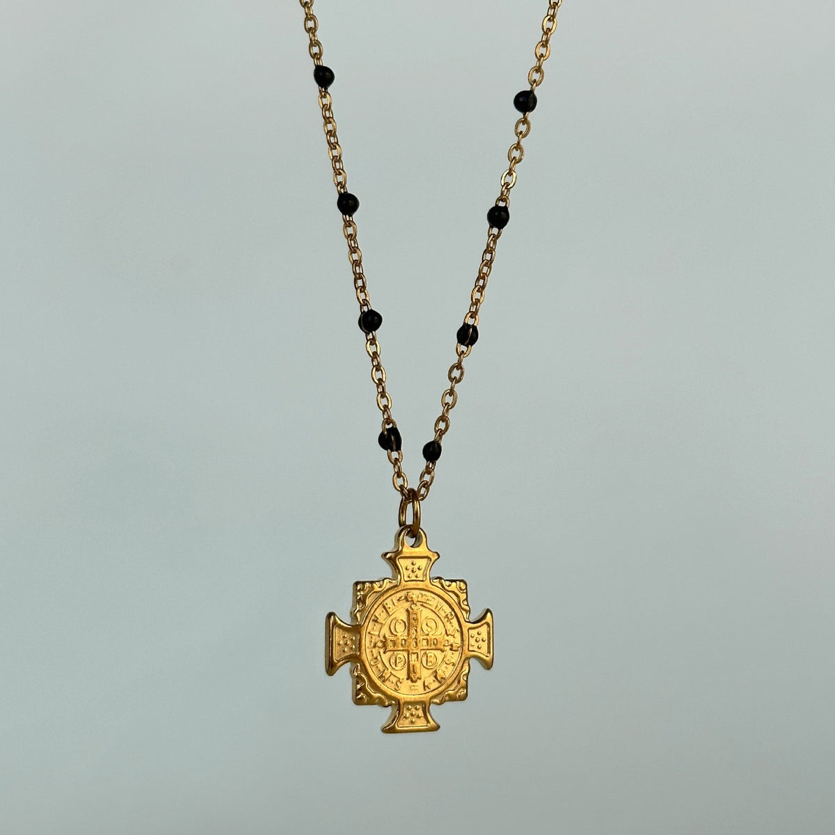 Vintage Black Bead Cross Necklace