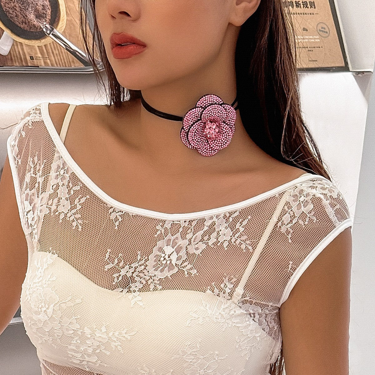 Romantic Rhinestone Flower Cord Choker Necklace