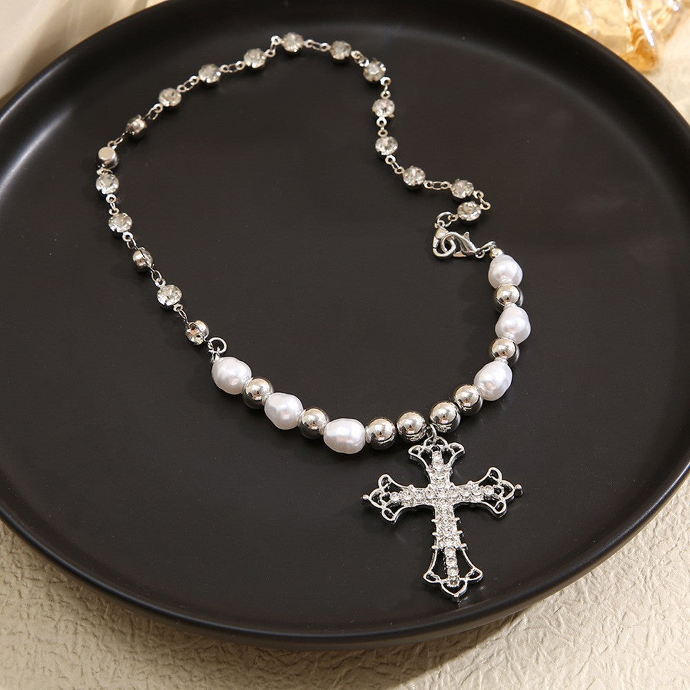 Edgy Faux Pearl Cross Necklace