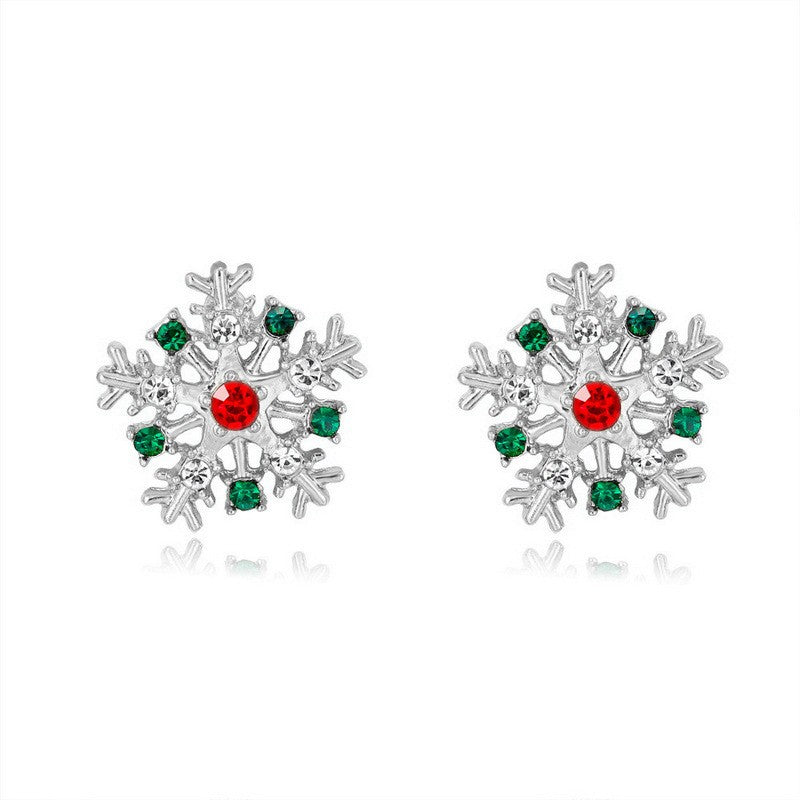 Festive Red Green Snowflake Stud Earrings