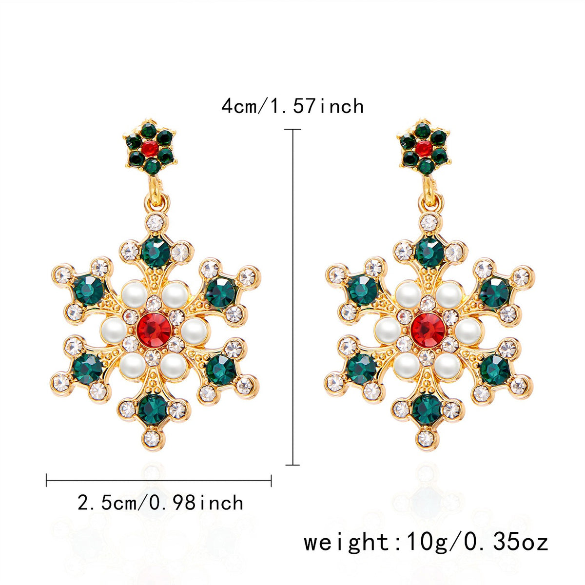 Festive Red Green Snowflake Stud Earrings