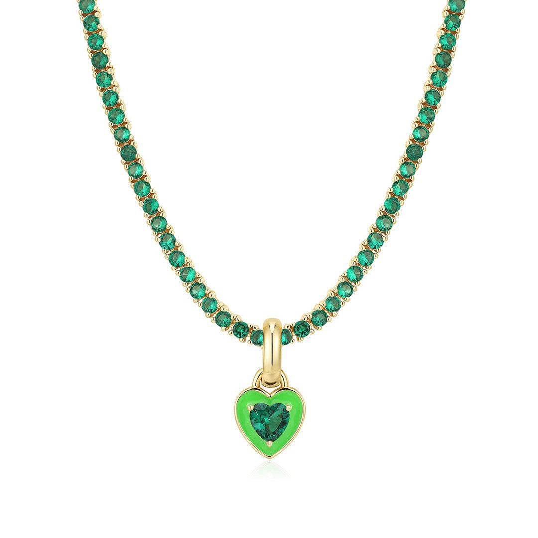 Romantic Green Enamel Heart Tennis Necklace