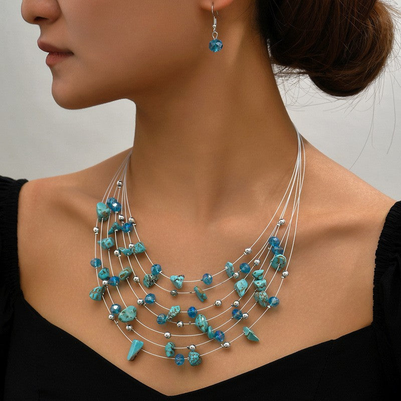Boho Asymmetrical Turquoise Multi-Strand Necklace & Earring Set