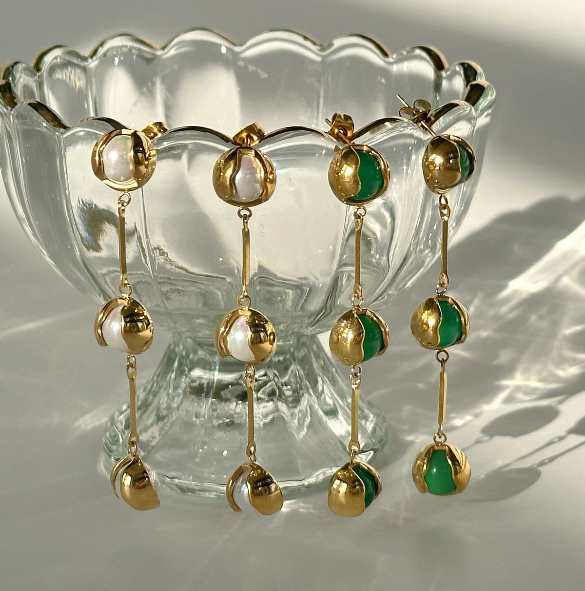 Classy Tiered Pearl and Green Stone Drop Earrings