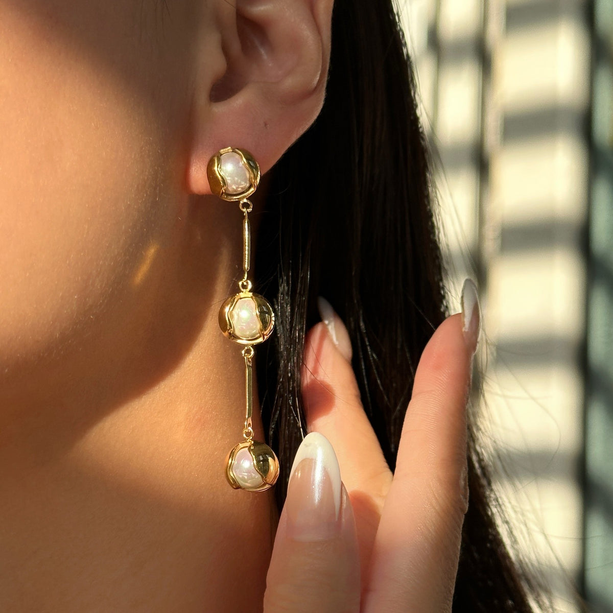 Classy Tiered Pearl and Green Stone Drop Earrings