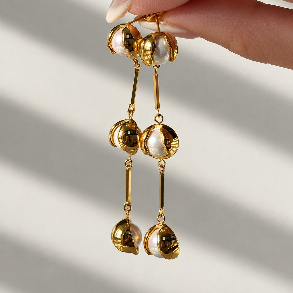Classy Tiered Pearl and Green Stone Drop Earrings