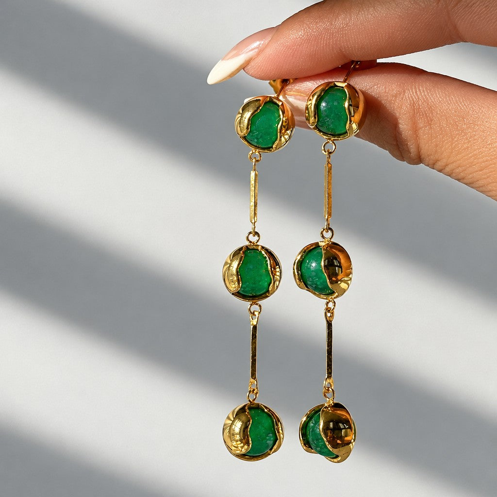 Classy Tiered Pearl and Green Stone Drop Earrings