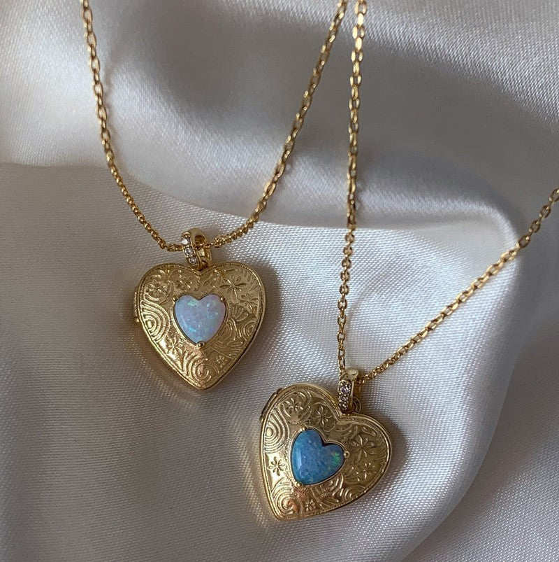 Vintage Engraved Opal Heart Locket Necklace