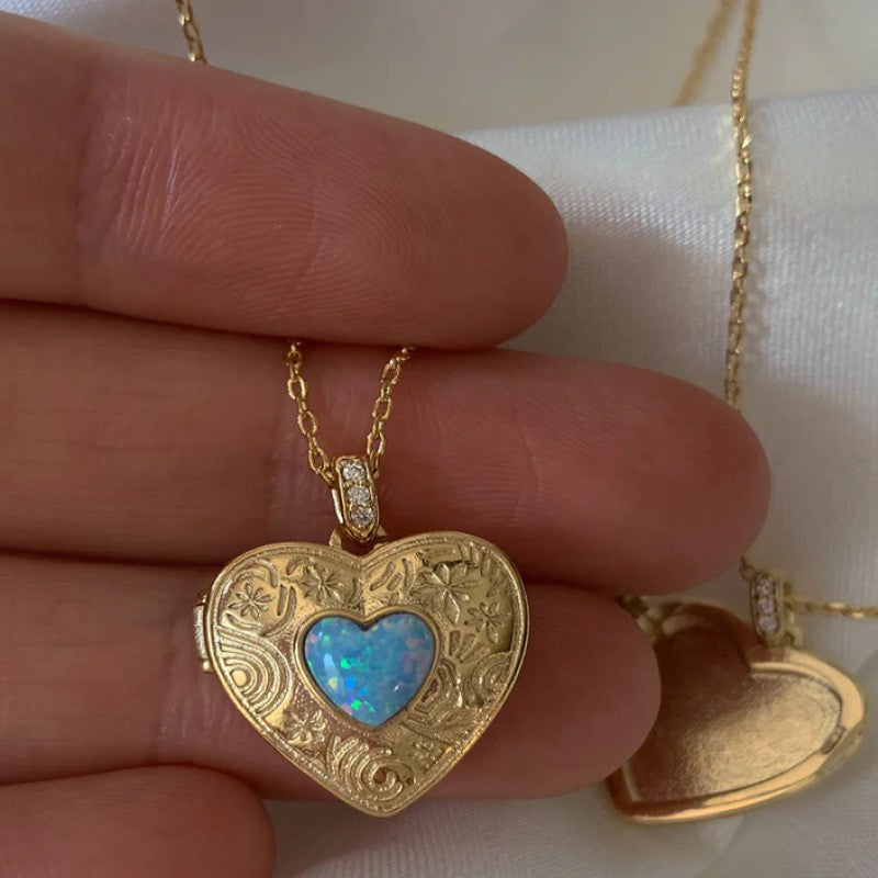 Vintage Engraved Opal Heart Locket Necklace