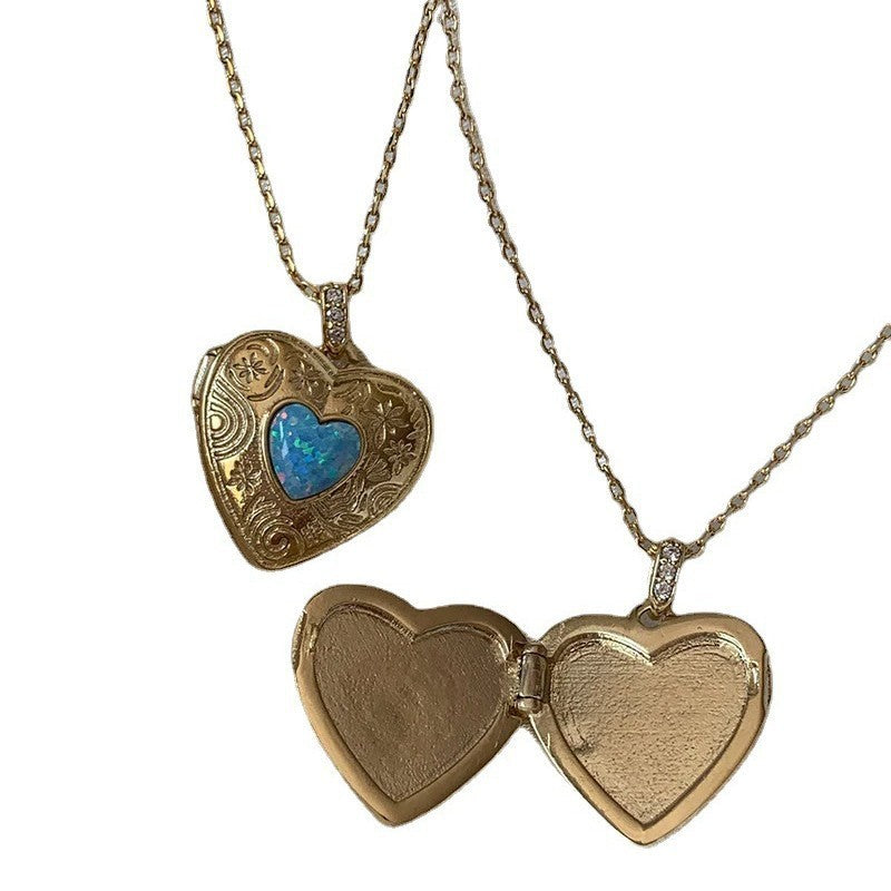 Vintage Engraved Opal Heart Locket Necklace